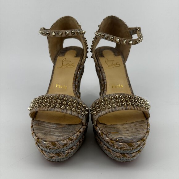 Louboutin Madmonica Wedge Sandals with Gold Studs - Size 39 - Picture 3 of 7